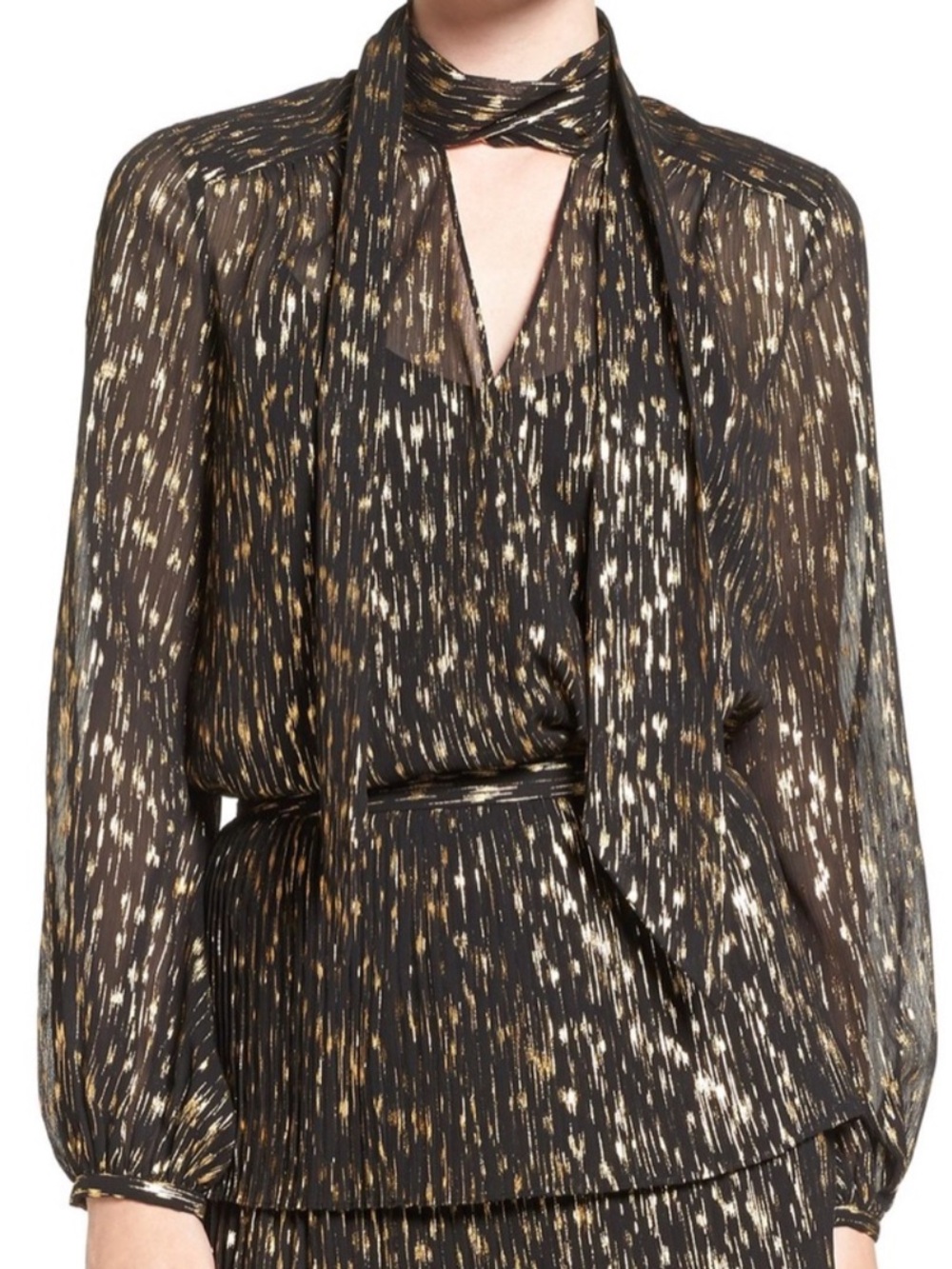 Chelsea 28 & Olivia Palermo Black and Gold Metallic Tie-Neck Blouse
